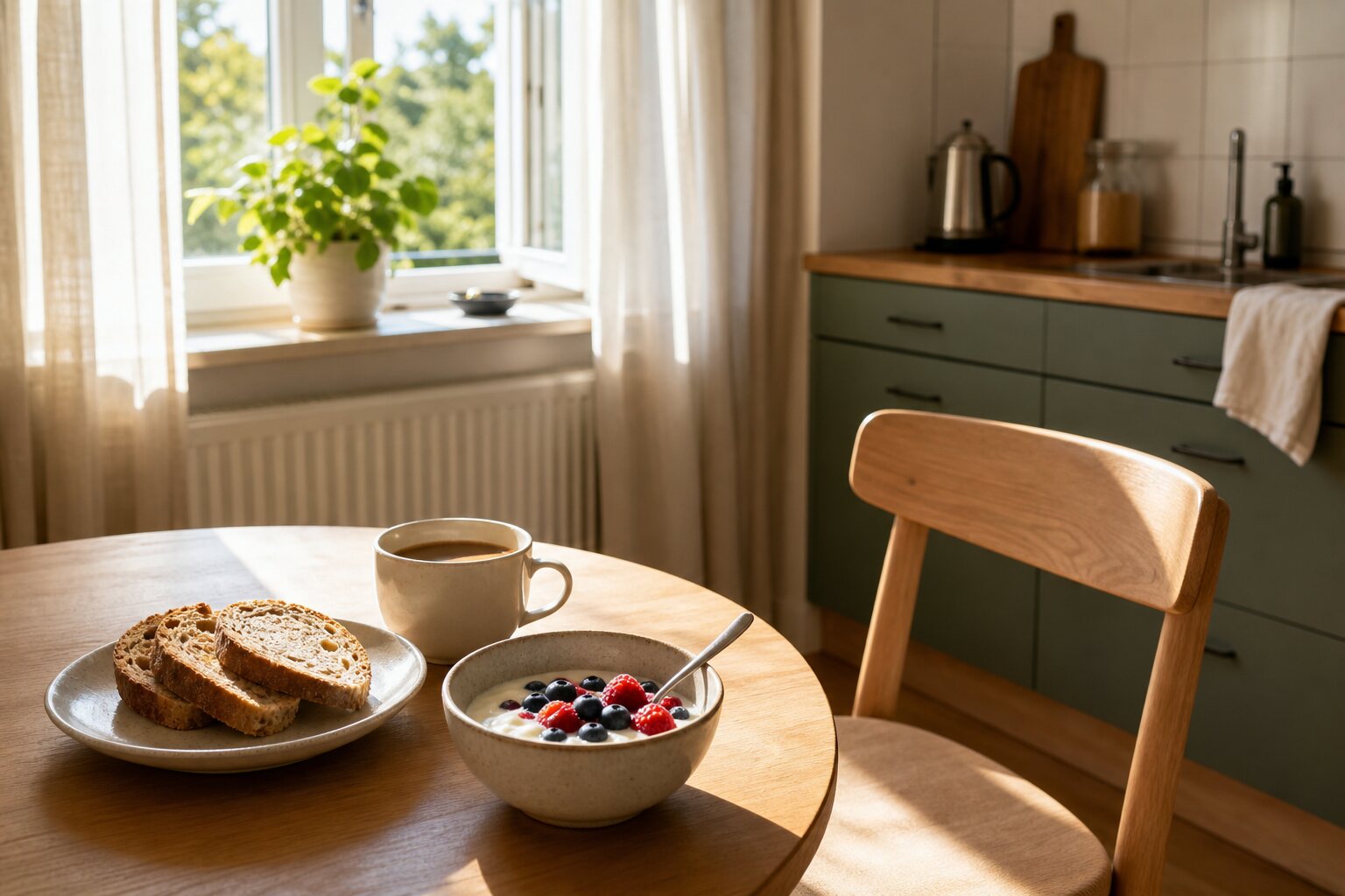 Sonniger Frühstückstisch am Morgen mit Beeren-Joghurt, Brot und Kaffee in heller Küche.